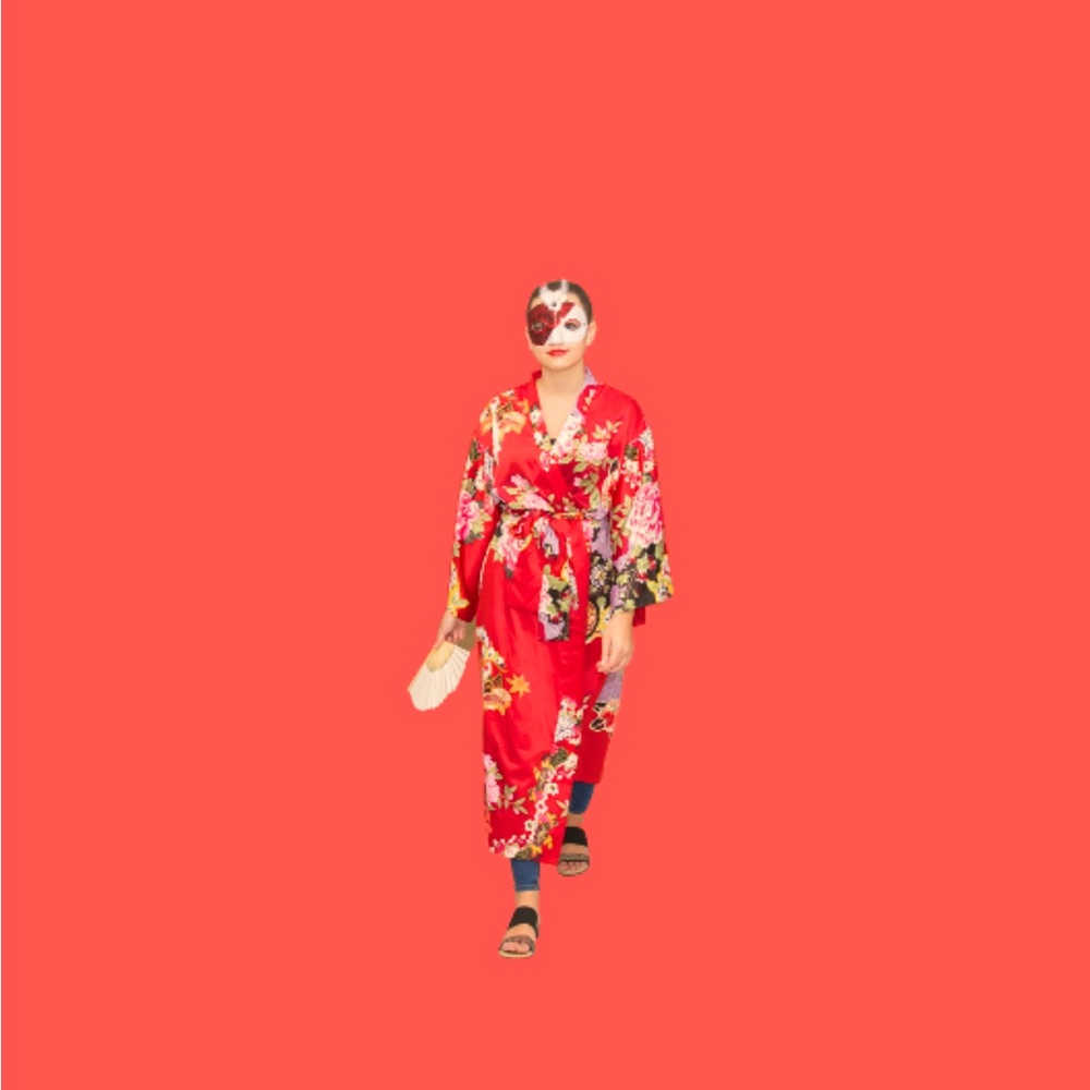 Size S-M Vintage Natori Private Label Bathrobe Kimono Red Floral Belted Stunning
